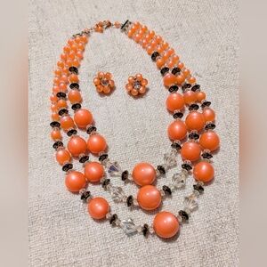 Orange and crystal costume jewelry set necklace and earrings
